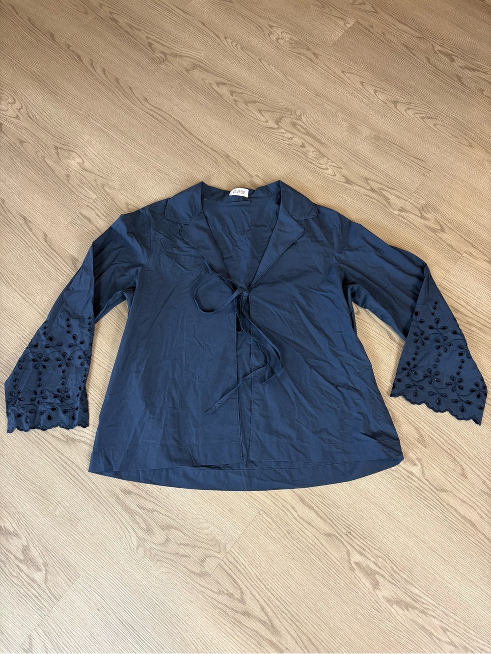 Navy Tie-Neck Blouse with Lace Bell Sleeves